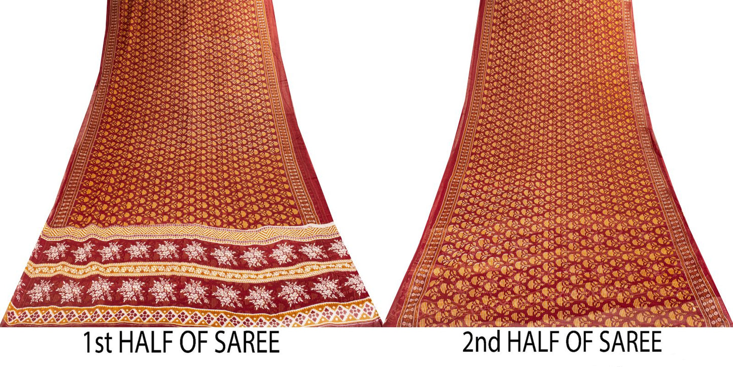 Sanskriti Vintage 8YD Saree Fabric Red Pure Cotton Floral Printed Indian Sari