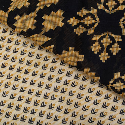 Sanskriti Vintage Saree Cream-Black Pure Cotton Floral Printed Sari 5.5+YDFabric