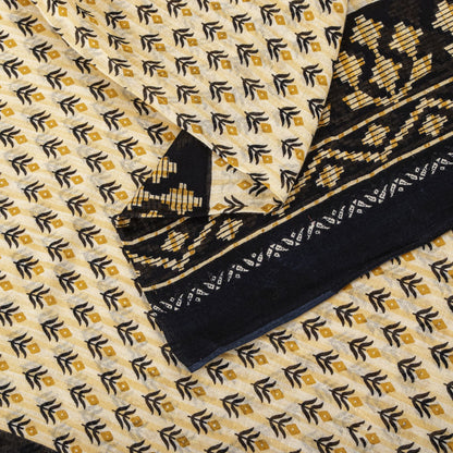 Sanskriti Vintage Saree Cream-Black Pure Cotton Floral Printed Sari 5.5+YDFabric