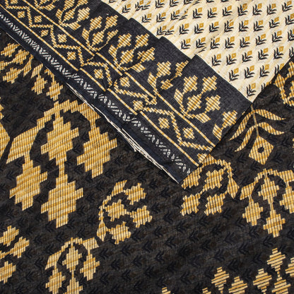 Sanskriti Vintage Saree Cream-Black Pure Cotton Floral Printed Sari 5.5+YDFabric