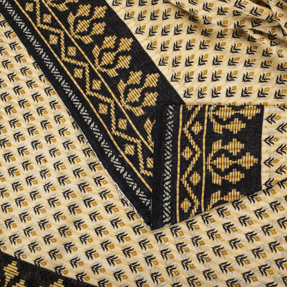 Sanskriti Vintage Saree Cream-Black Pure Cotton Floral Printed Sari 5.5+YDFabric