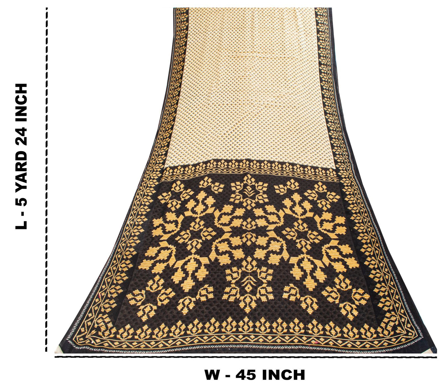 Sanskriti Vintage Saree Cream-Black Pure Cotton Floral Printed Sari 5.5+YDFabric