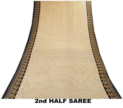 Sanskriti Vintage Saree Cream-Black Pure Cotton Floral Printed Sari 5.5+YDFabric