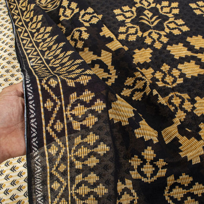 Sanskriti Vintage Saree Cream-Black Pure Cotton Floral Printed Sari 5.5+YDFabric