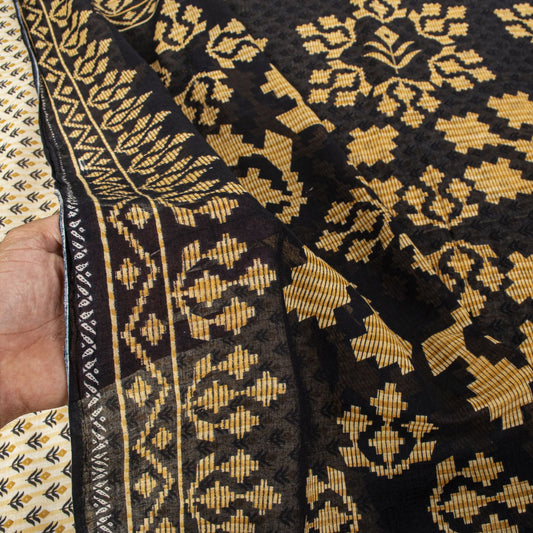 Sanskriti Vintage Saree Cream-Black Pure Cotton Floral Printed Sari 5.5+YDFabric
