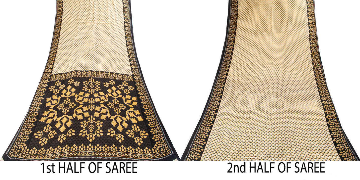 Sanskriti Vintage Saree Cream-Black Pure Cotton Floral Printed Sari 5.5+YDFabric
