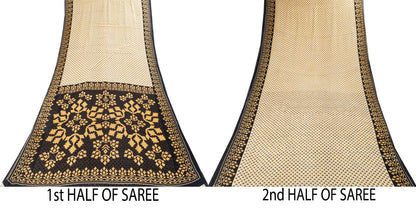 Sanskriti Vintage Saree Cream-Black Pure Cotton Floral Printed Sari 5.5+YDFabric