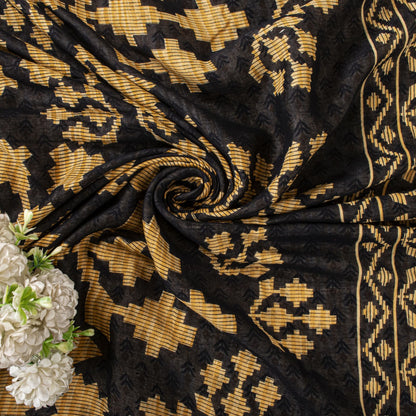 Sanskriti Vintage Saree Cream-Black Pure Cotton Floral Printed Sari 5.5+YDFabric