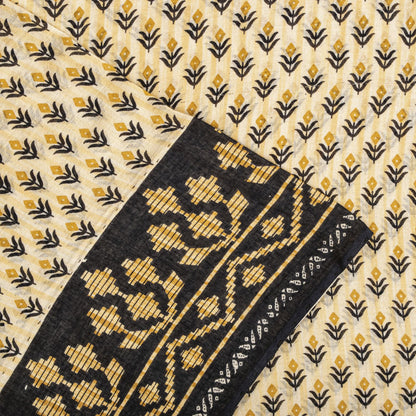 Sanskriti Vintage Saree Cream-Black Pure Cotton Floral Printed Sari 5.5+YDFabric