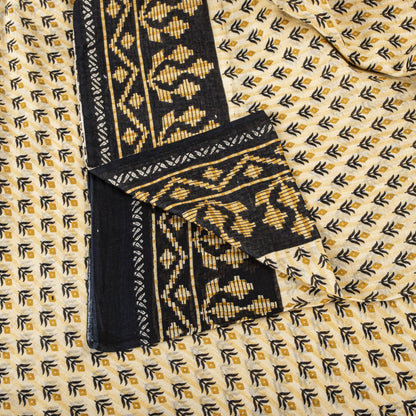Sanskriti Vintage Saree Cream-Black Pure Cotton Floral Printed Sari 5.5+YDFabric