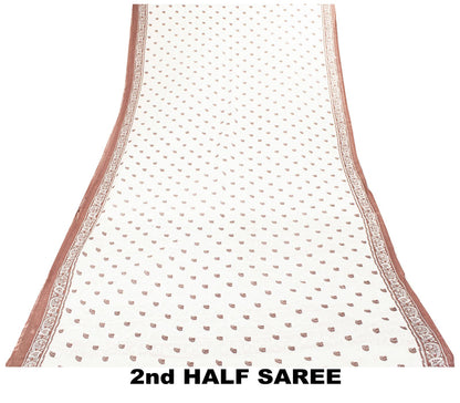 Sanskriti Vintage Saree White Pure Cotton Sanganeri Block Print Sari 5+YD Fabric