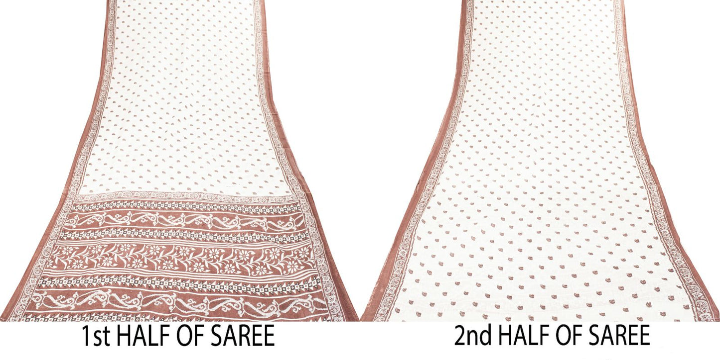 Sanskriti Vintage Saree White Pure Cotton Sanganeri Block Print Sari 5+YD Fabric
