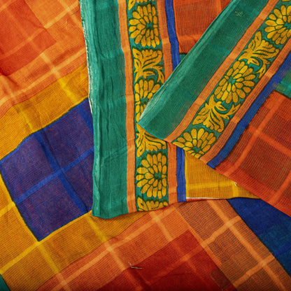 Sanskriti Vintage Saree Orange Pure Cotton Geometric Print Sari 5YD Craft Fabric