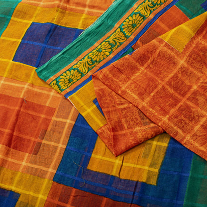 Sanskriti Vintage Saree Orange Pure Cotton Geometric Print Sari 5YD Craft Fabric