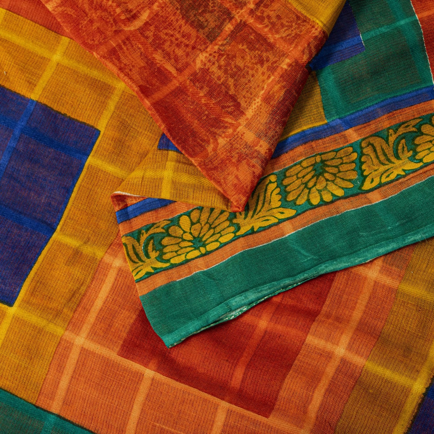 Sanskriti Vintage Saree Orange Pure Cotton Geometric Print Sari 5YD Craft Fabric
