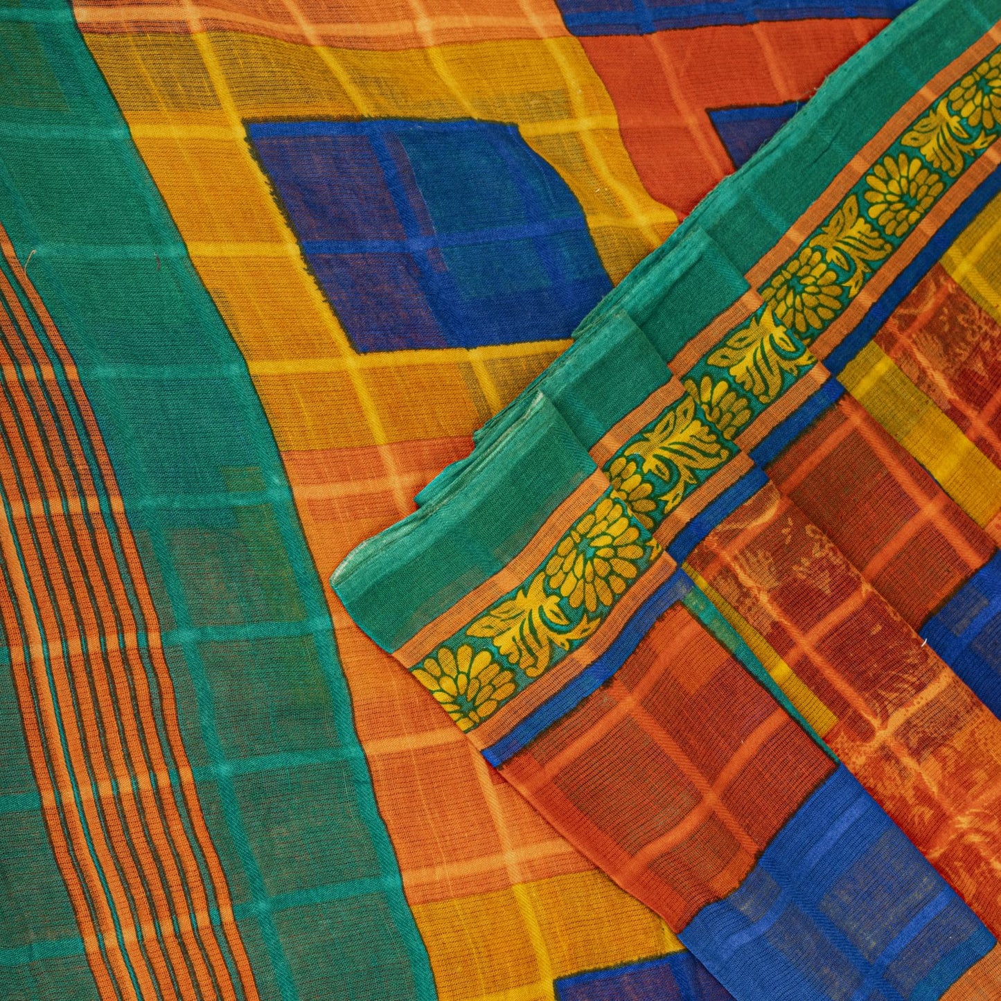 Sanskriti Vintage Saree Orange Pure Cotton Geometric Print Sari 5YD Craft Fabric
