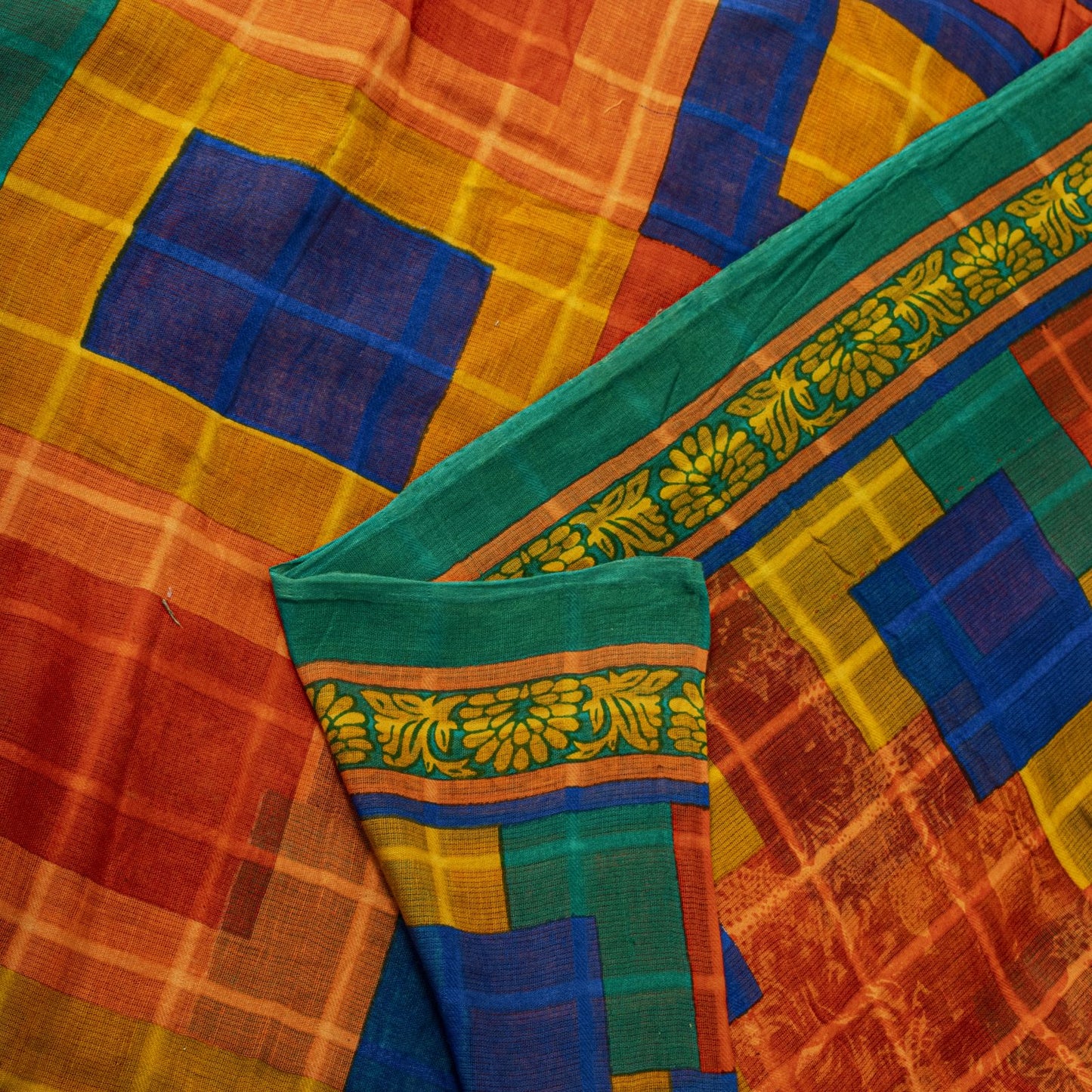 Sanskriti Vintage Saree Orange Pure Cotton Geometric Print Sari 5YD Craft Fabric