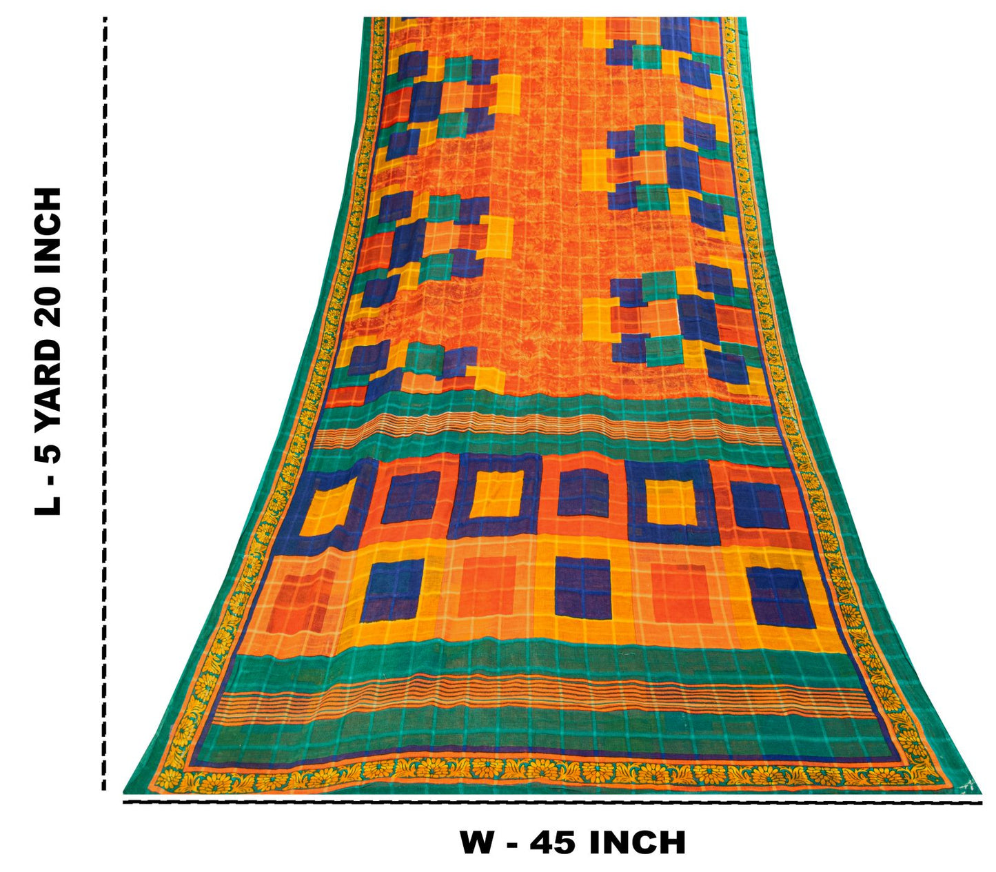Sanskriti Vintage Saree Orange Pure Cotton Geometric Print Sari 5YD Craft Fabric