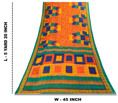 Sanskriti Vintage Saree Orange Pure Cotton Geometric Print Sari 5YD Craft Fabric
