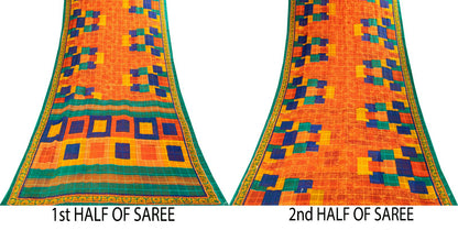 Sanskriti Vintage Saree Orange Pure Cotton Geometric Print Sari 5YD Craft Fabric
