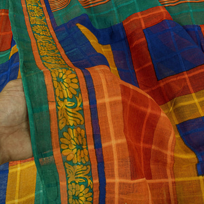 Sanskriti Vintage Saree Orange Pure Cotton Geometric Print Sari 5YD Craft Fabric