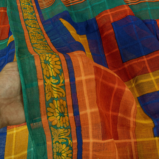 Sanskriti Vintage Saree Orange Pure Cotton Geometric Print Sari 5YD Craft Fabric