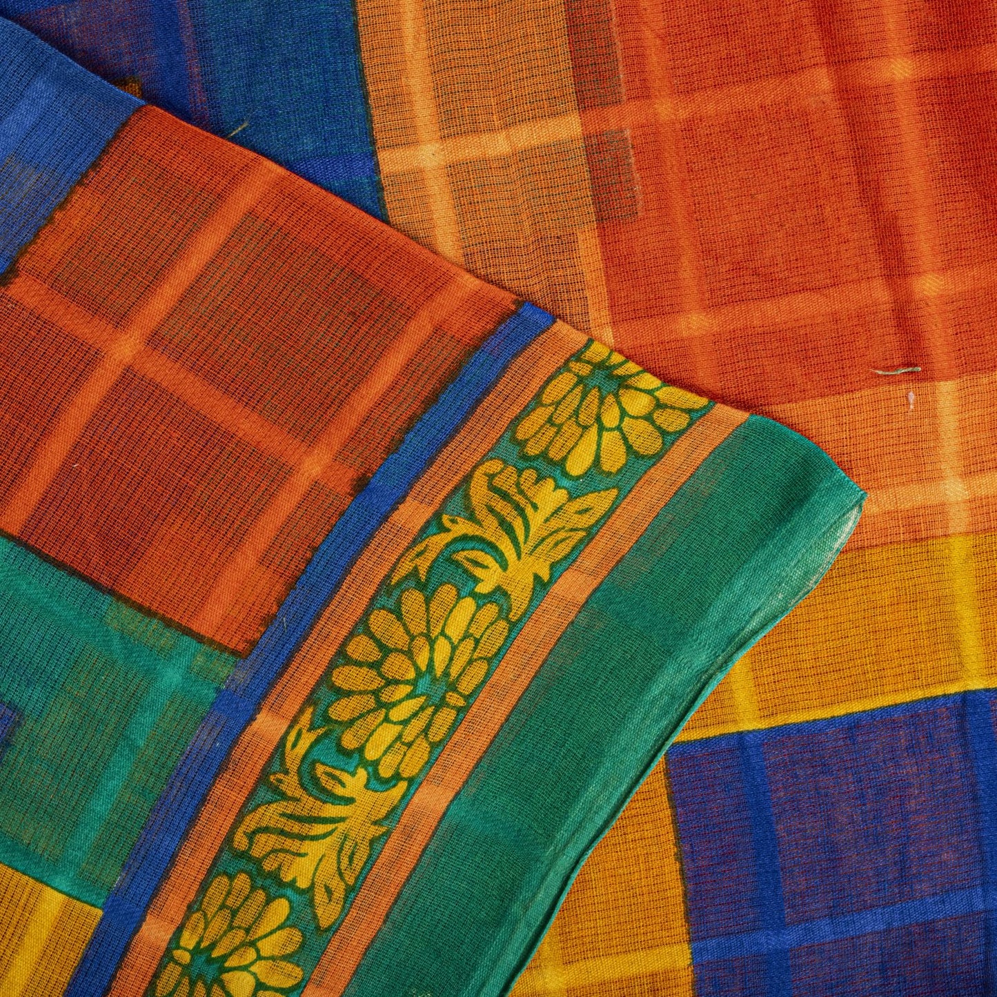 Sanskriti Vintage Saree Orange Pure Cotton Geometric Print Sari 5YD Craft Fabric