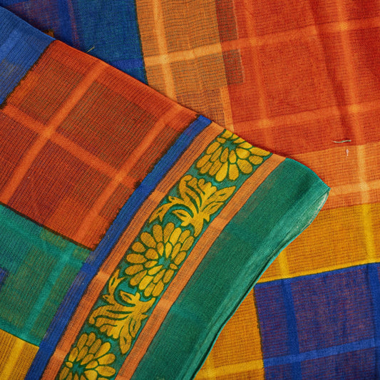 Sanskriti Vintage Saree Orange Pure Cotton Geometric Print Sari 5YD Craft Fabric