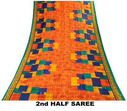 Sanskriti Vintage Saree Orange Pure Cotton Geometric Print Sari 5YD Craft Fabric