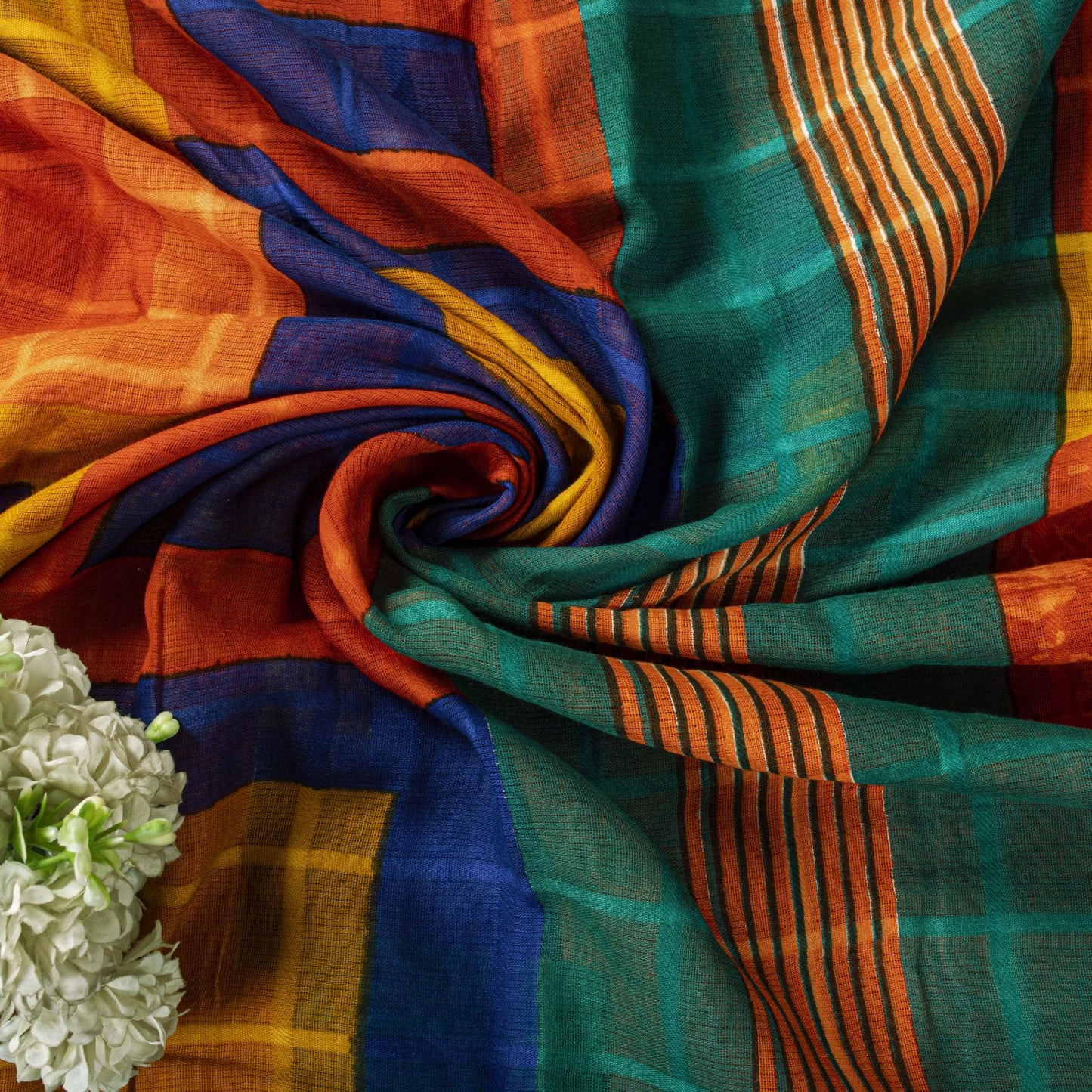 Sanskriti Vintage Saree Orange Pure Cotton Geometric Print Sari 5YD Craft Fabric