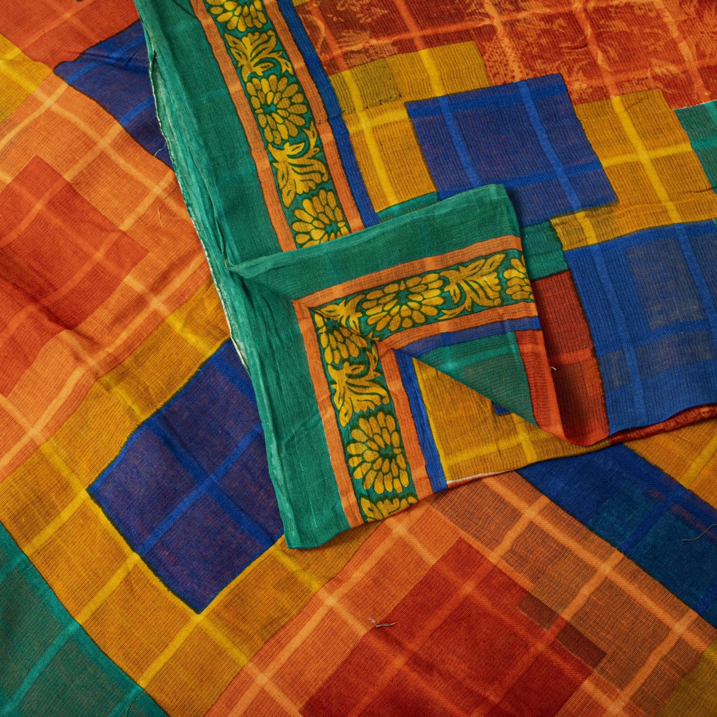 Sanskriti Vintage Saree Orange Pure Cotton Geometric Print Sari 5YD Craft Fabric