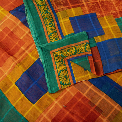Sanskriti Vintage Saree Orange Pure Cotton Geometric Print Sari 5YD Craft Fabric