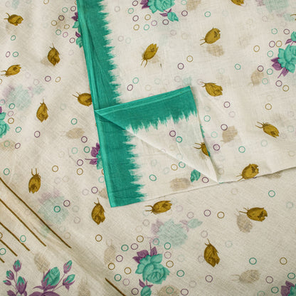 Sanskriti Vintage Saree White-Green Pure Cotton Digital Printed Sari 5+YD Fabric
