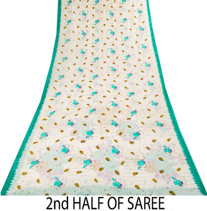 Sanskriti Vintage Saree White-Green Pure Cotton Digital Printed Sari 5+YD Fabric