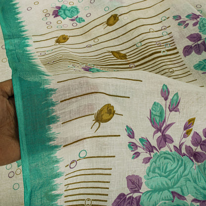 Sanskriti Vintage Saree White-Green Pure Cotton Digital Printed Sari 5+YD Fabric