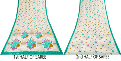 Sanskriti Vintage Saree White-Green Pure Cotton Digital Printed Sari 5+YD Fabric