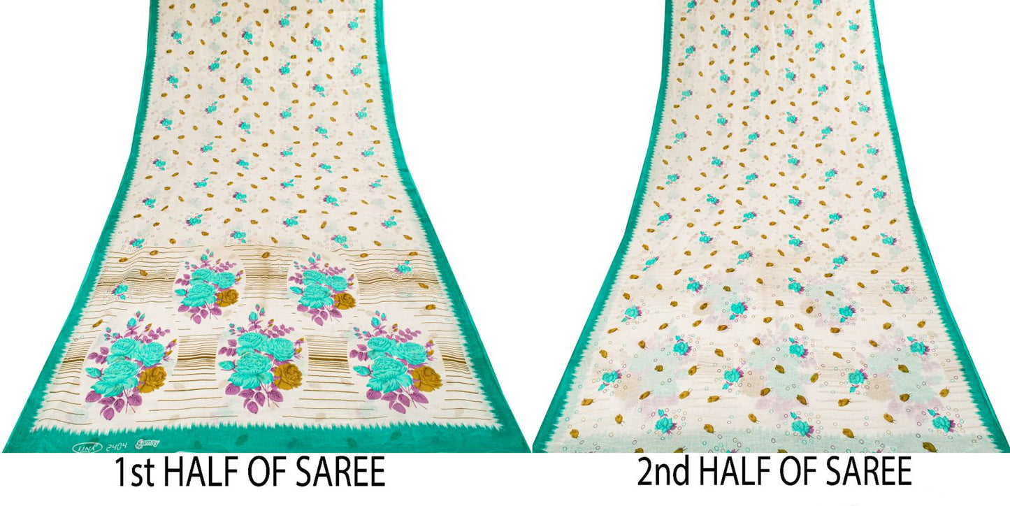 Sanskriti Vintage Saree White-Green Pure Cotton Digital Printed Sari 5+YD Fabric
