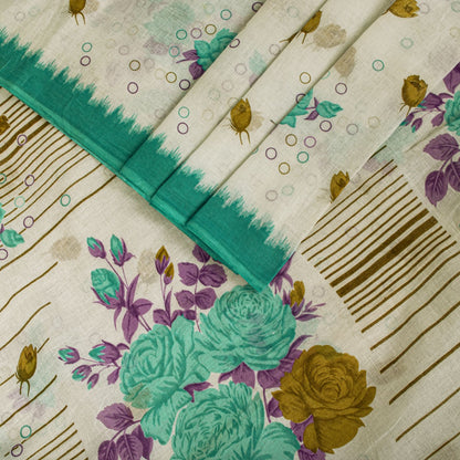 Sanskriti Vintage Saree White-Green Pure Cotton Digital Printed Sari 5+YD Fabric
