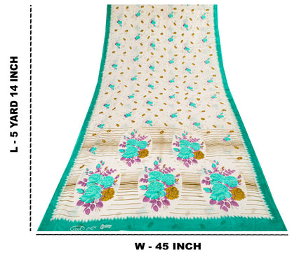 Sanskriti Vintage Saree White-Green Pure Cotton Digital Printed Sari 5+YD Fabric