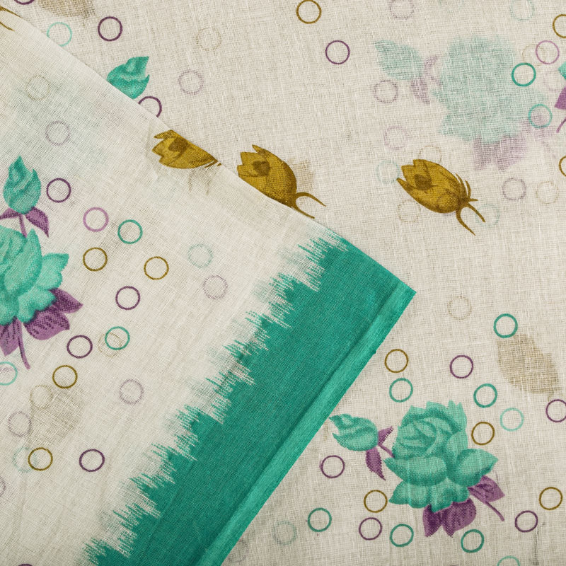 Sanskriti Vintage Saree White-Green Pure Cotton Digital Printed Sari 5+YD Fabric