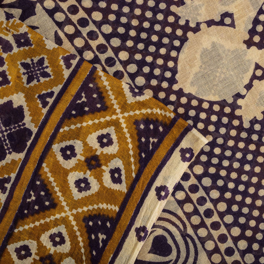 Sanskriti Vintage Saree Yellow Pure Cotton Patola Ikat Print Sari 5.5+YD Fabric
