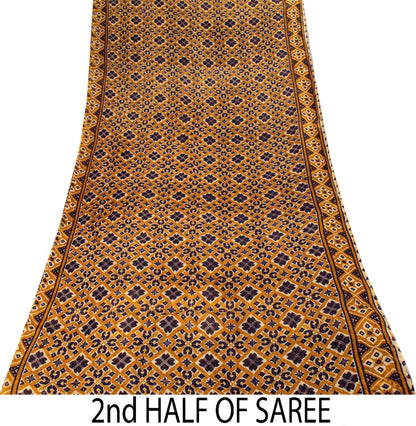 Sanskriti Vintage Saree Yellow Pure Cotton Patola Ikat Print Sari 5.5+YD Fabric
