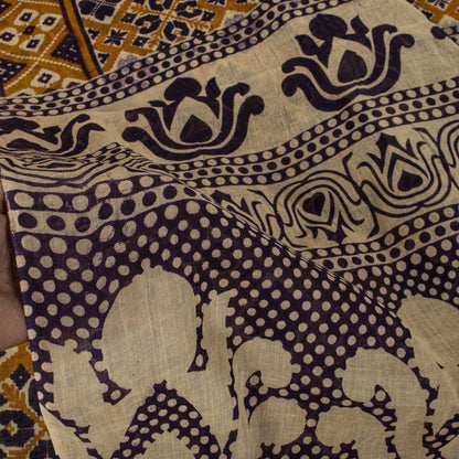 Sanskriti Vintage Saree Yellow Pure Cotton Patola Ikat Print Sari 5.5+YD Fabric