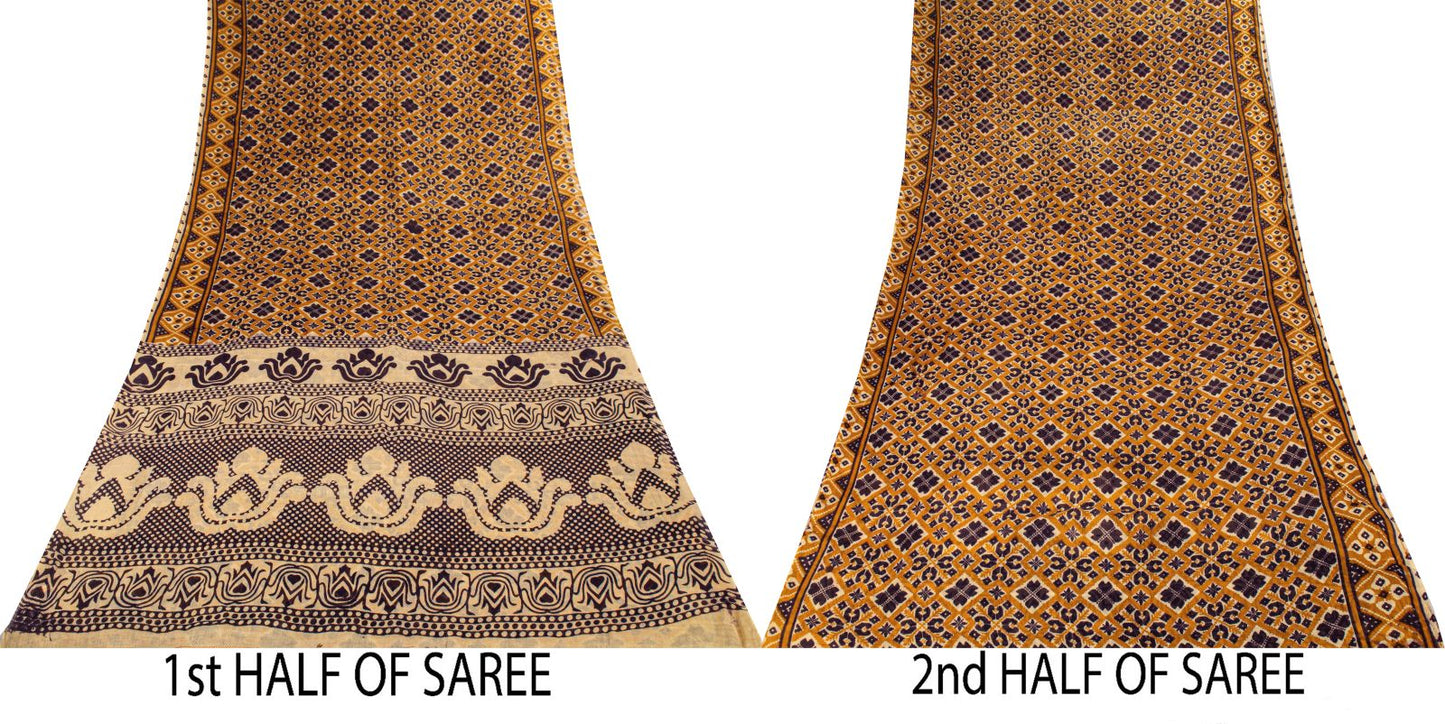 Sanskriti Vintage Saree Yellow Pure Cotton Patola Ikat Print Sari 5.5+YD Fabric