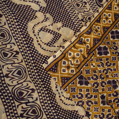 Sanskriti Vintage Saree Yellow Pure Cotton Patola Ikat Print Sari 5.5+YD Fabric