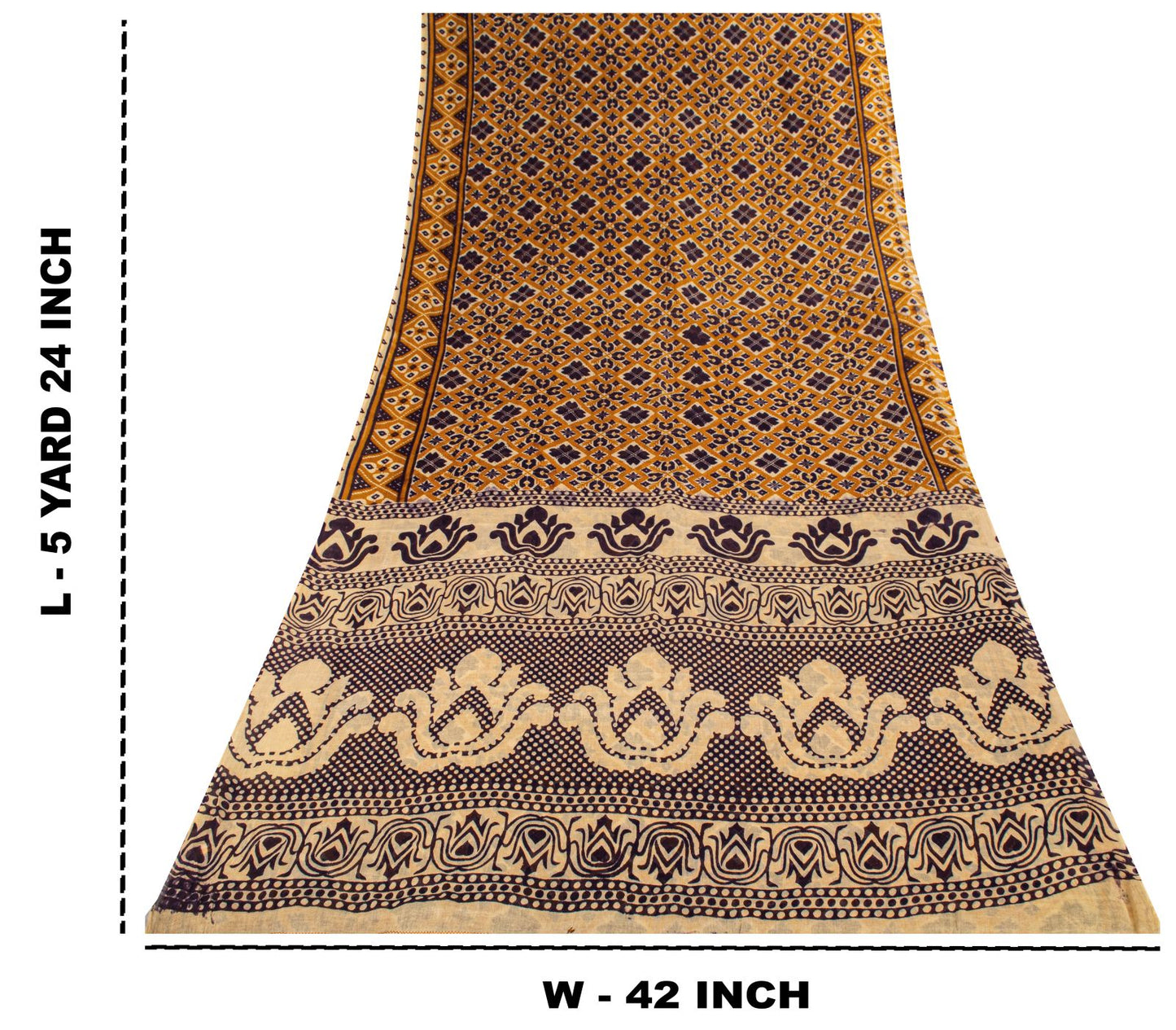 Sanskriti Vintage Saree Yellow Pure Cotton Patola Ikat Print Sari 5.5+YD Fabric