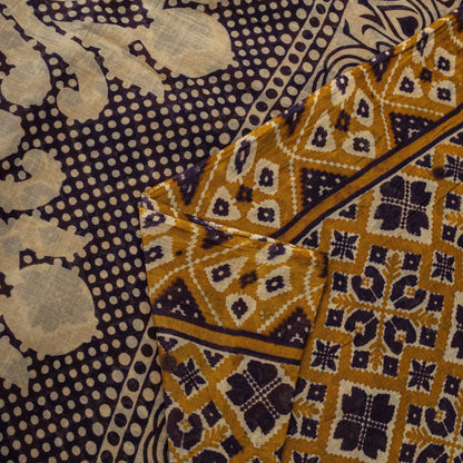 Sanskriti Vintage Saree Yellow Pure Cotton Patola Ikat Print Sari 5.5+YD Fabric