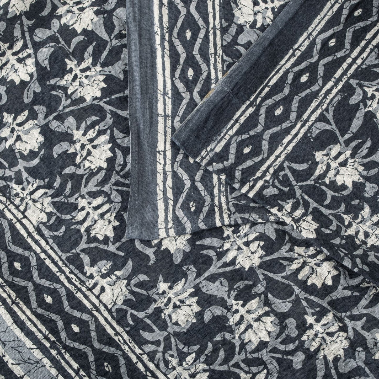 Sanskriti Vintage Saree Blue 100% Pure Cotton Block-Batik Print Sari 5+YD Fabric