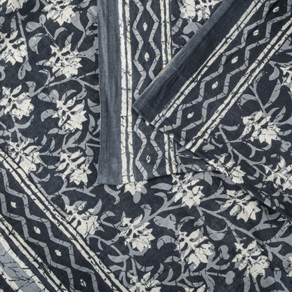 Sanskriti Vintage Saree Blue 100% Pure Cotton Block-Batik Print Sari 5+YD Fabric