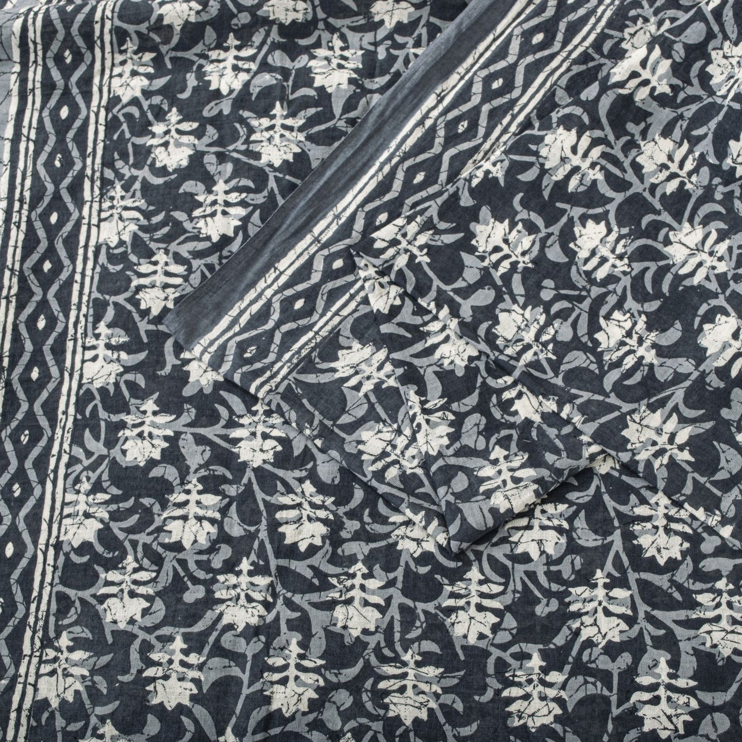 Sanskriti Vintage Saree Blue 100% Pure Cotton Block-Batik Print Sari 5+YD Fabric